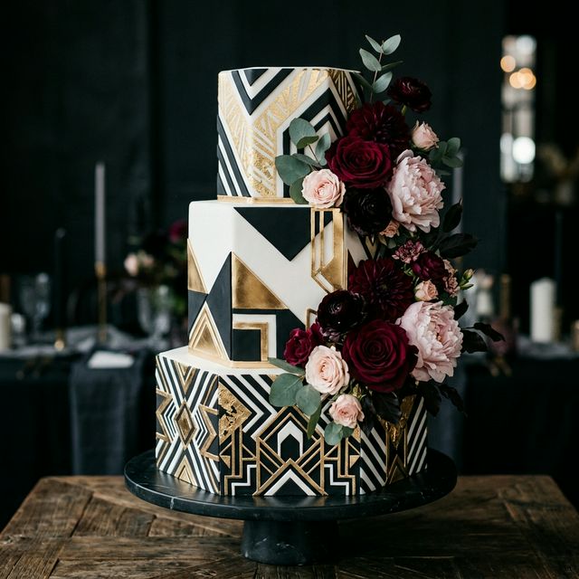 Geometric art deco cake with bold patterns and flowers