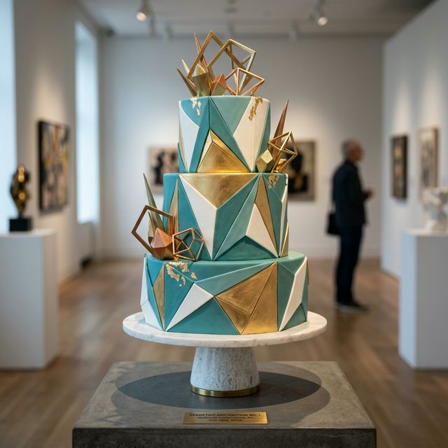 Avant-garde geometric teal and gold cake in gallery setting