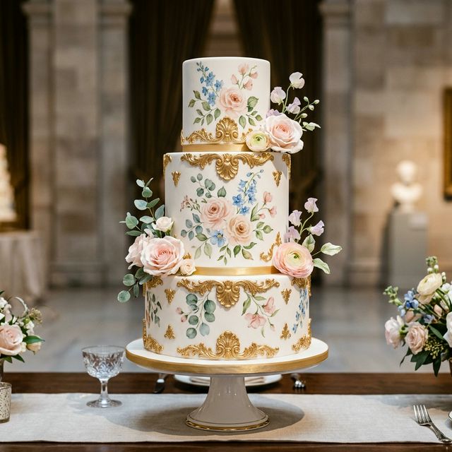 Hand-painted watercolor floral cake with gold baroque accents