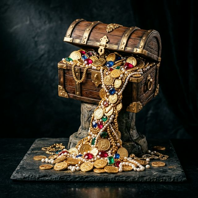 Gravity-defying treasure chest cake with cascading gold