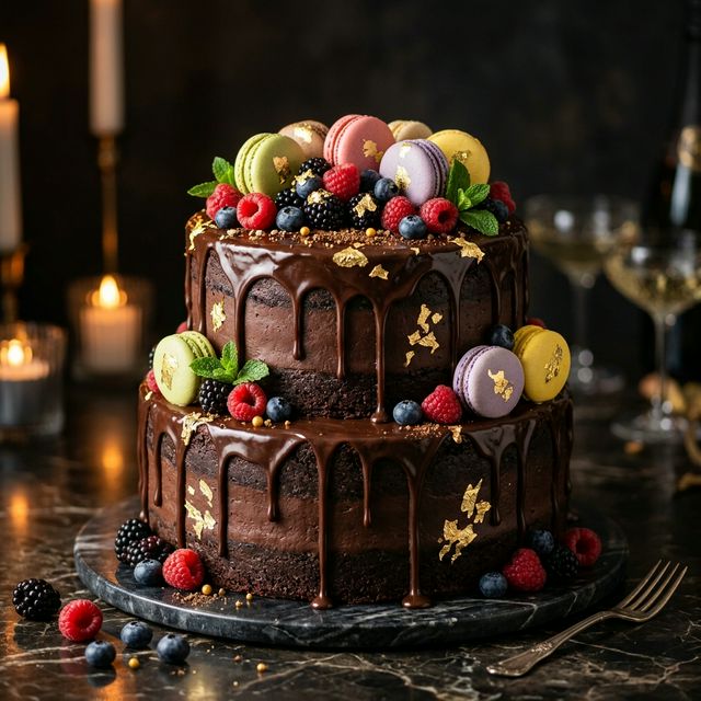 Luxurious chocolate drip birthday cake with macarons