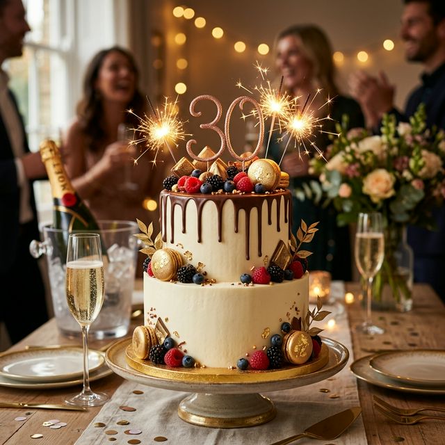 Elegant 30th birthday cake with chocolate drip and sparklers