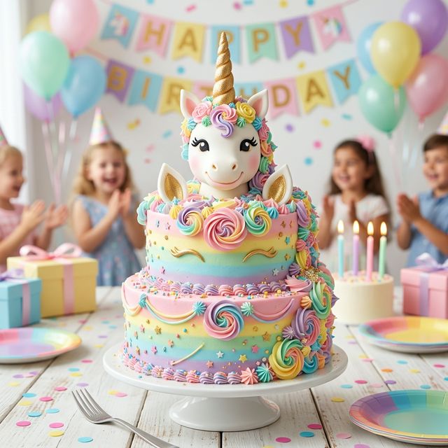 Kids unicorn birthday cake with pastel rainbow layers