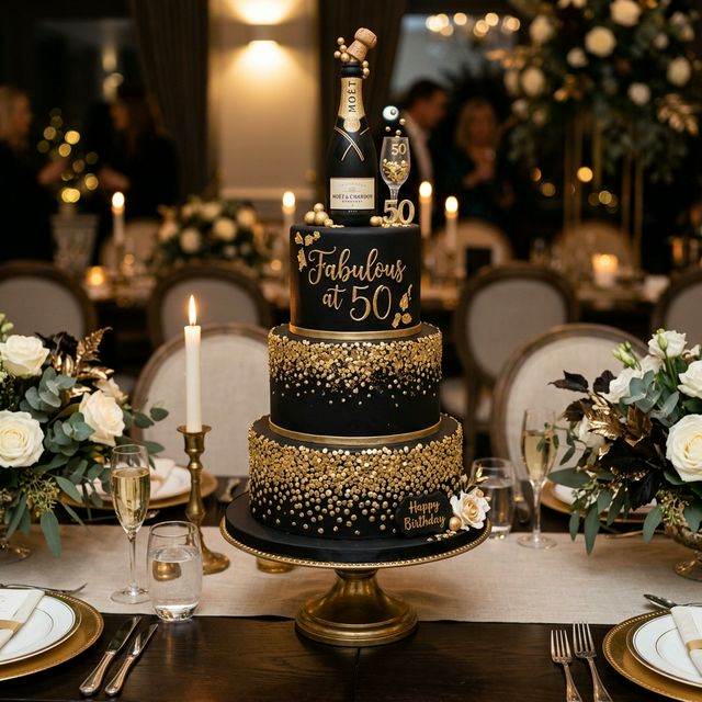 Sophisticated black and gold 50th milestone birthday cake