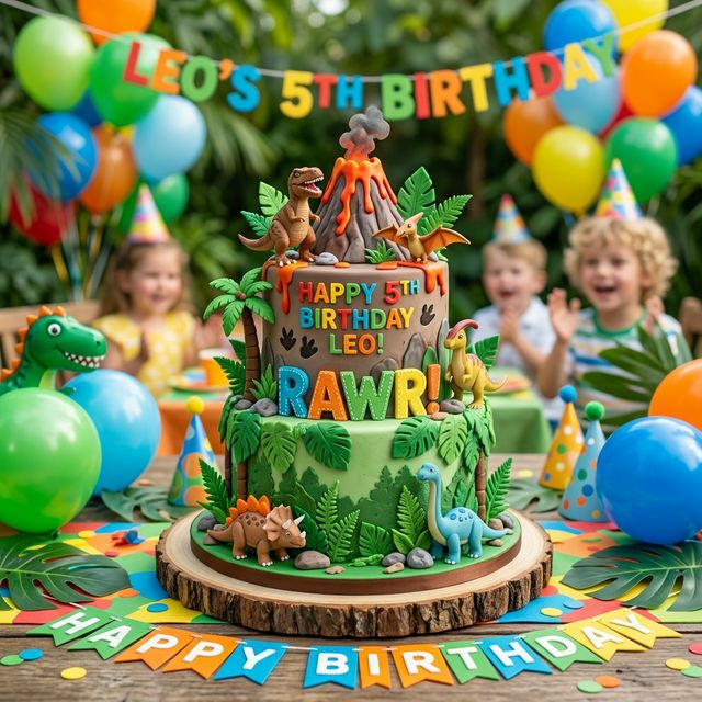 Kids dinosaur birthday cake with volcanic details
