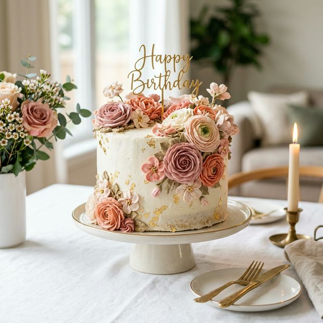 Elegant floral birthday cake with buttercream flowers