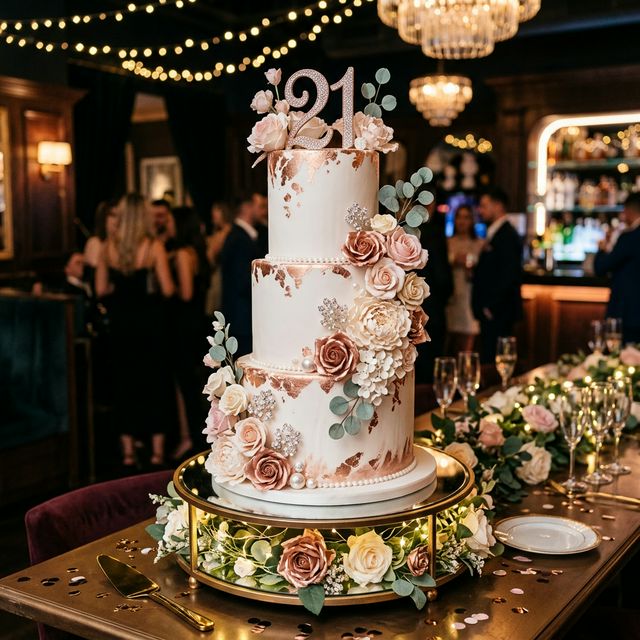 Luxury 21st birthday cake with rose gold and cascading flowers