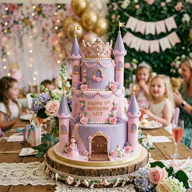 Kids princess castle birthday cake in pink and purple