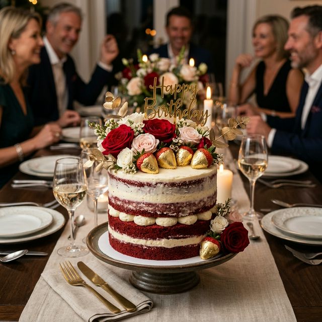 Red velvet naked cake with gold-dipped strawberries and roses