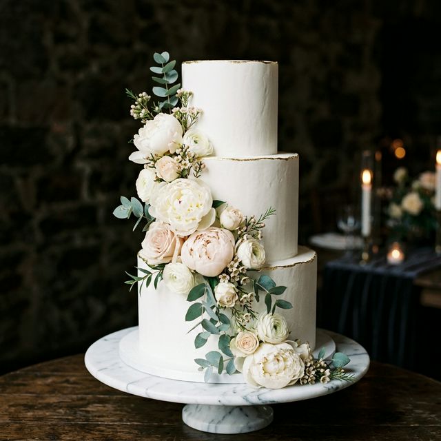 White minimalist wedding cake with blush peonies