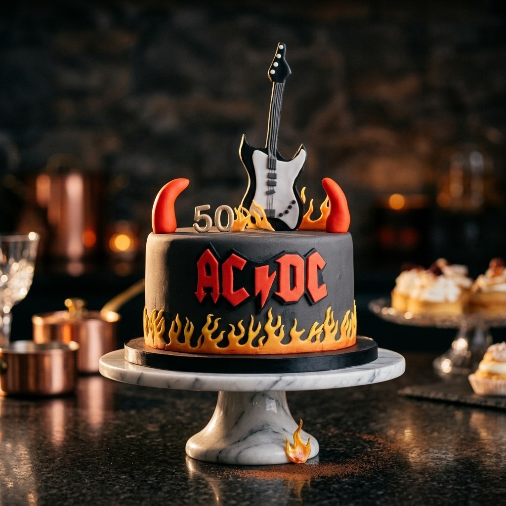 AC/DC rock themed cake with fondant guitar and flames