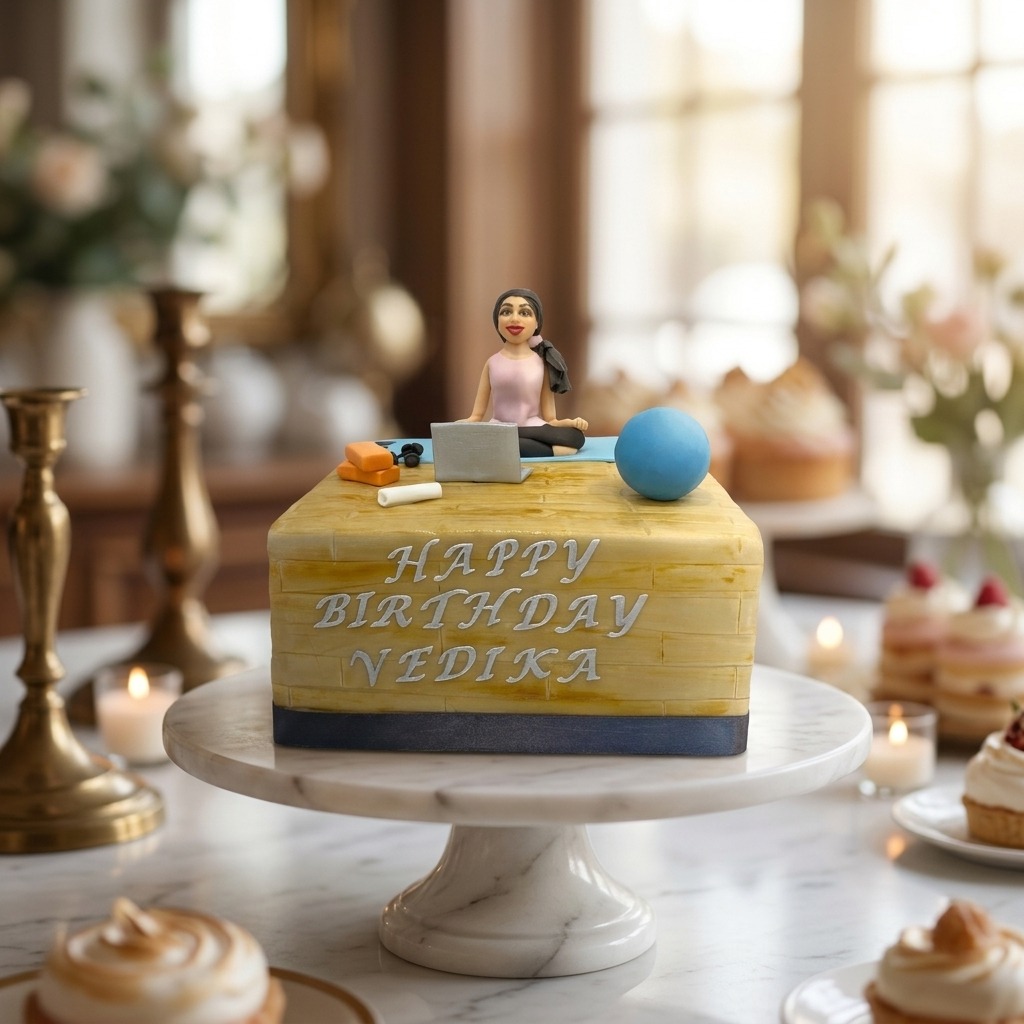 Custom yoga themed birthday cake with fondant figurine