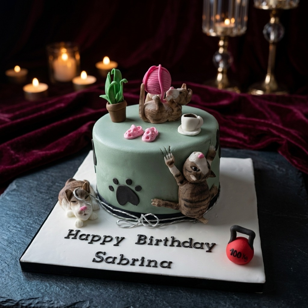 Cat lover cake with handcrafted fondant tabby cat figurines