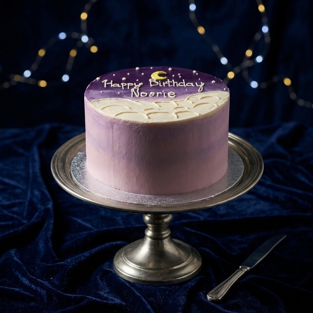 Starry night birthday cake with hand-painted moon and clouds