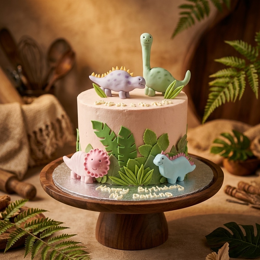 Handcrafted dinosaur birthday cake with fondant figurines