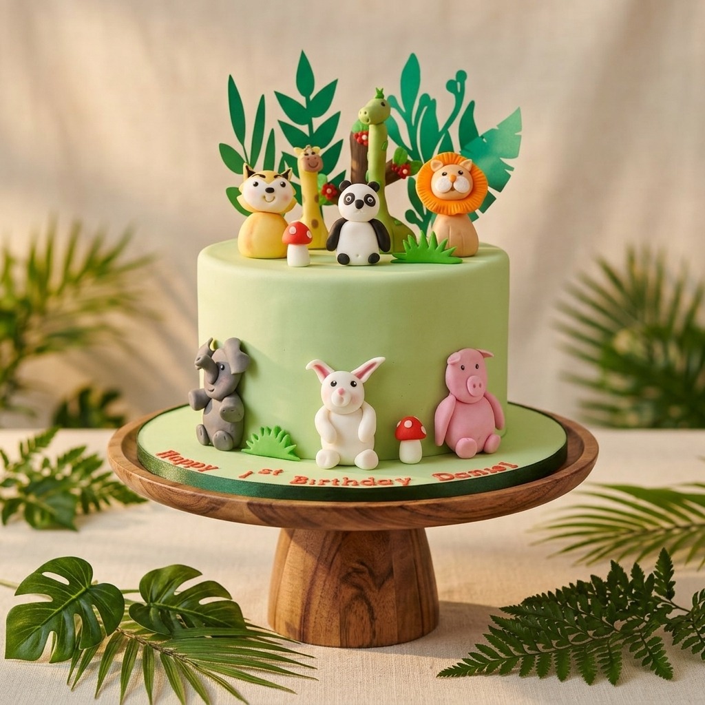 Jungle safari birthday cake with handmade animal figurines
