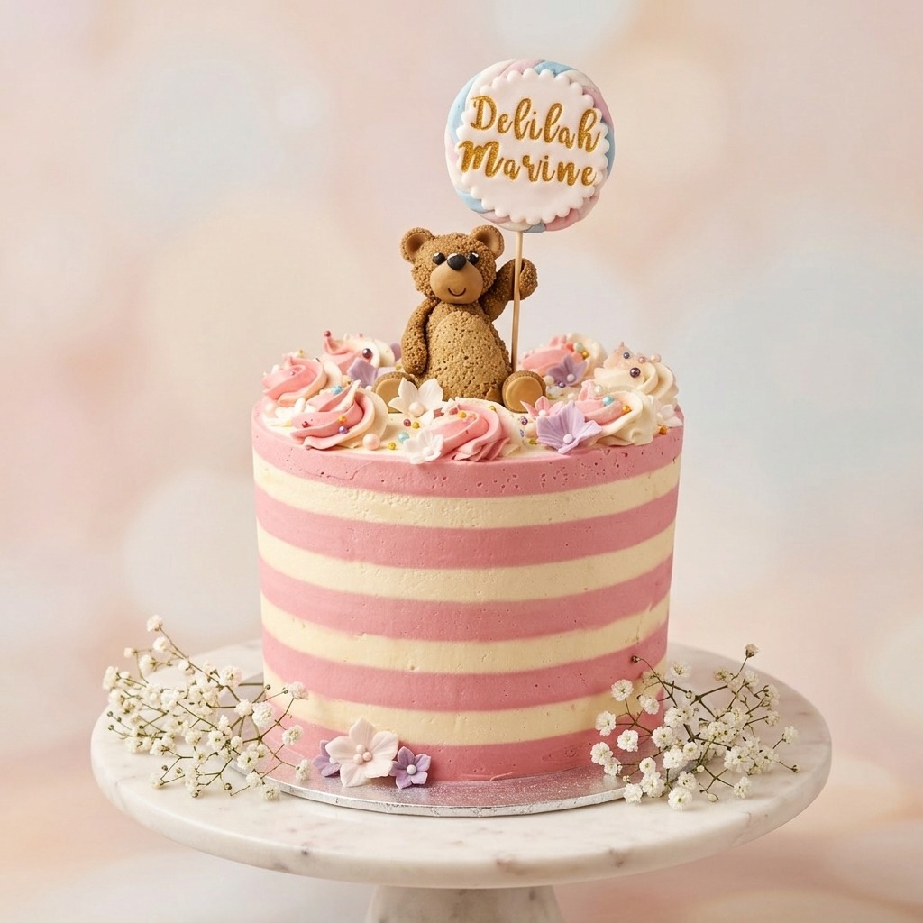 Teddy bear cake with striped design and fondant bear topper