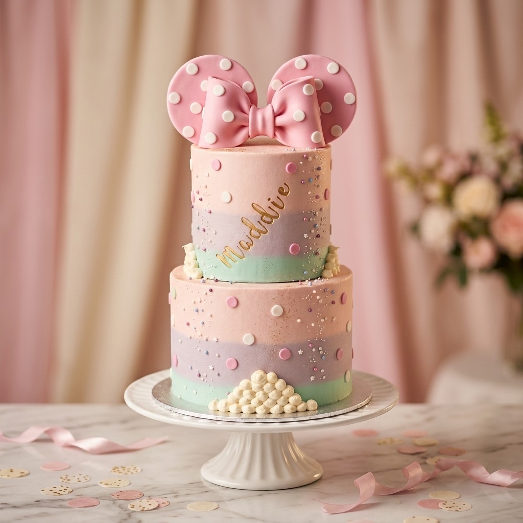 Minnie Mouse birthday cake with polka dots and bow