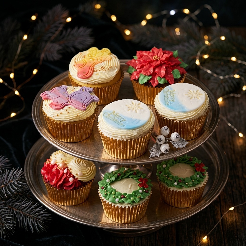 Festive Christmas cupcakes with fondant snowflakes and holly