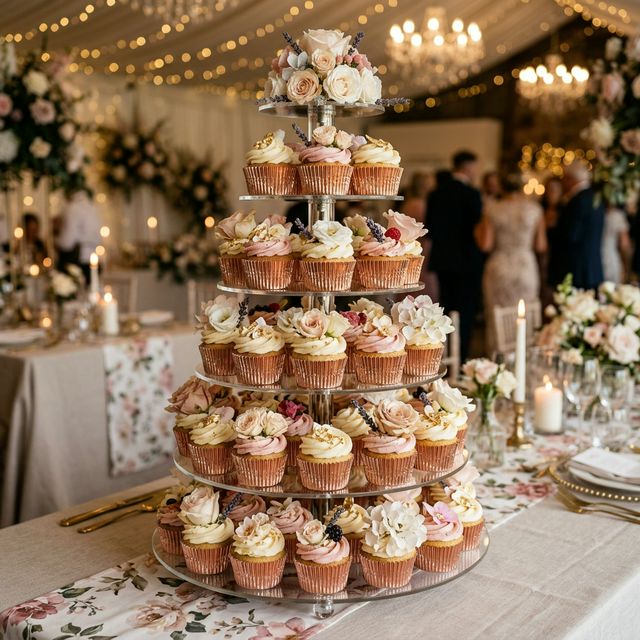 Luxury cupcake tower with rose gold wrappers and edible flowers