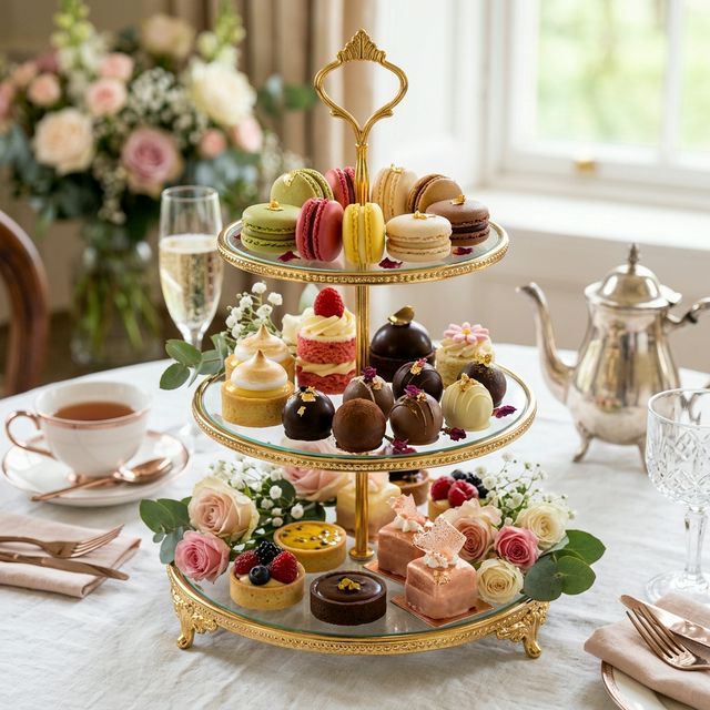Elegant mini dessert collection with macarons and petit fours