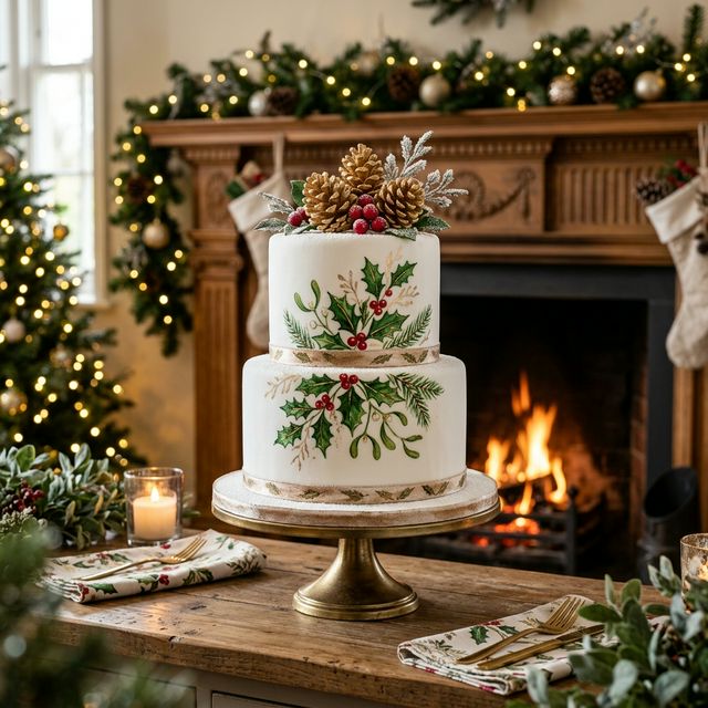 Christmas seasonal cake with holly and gold pinecones