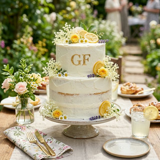 Gluten-free lemon elderflower cake with edible flowers