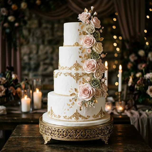 Elegant multi-tier wedding cake with gold leaf and roses