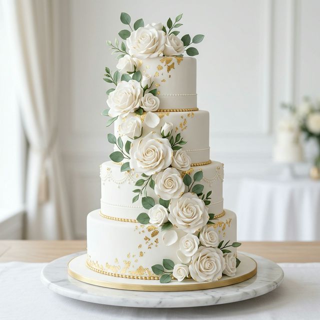 4-tier white wedding cake with gold leaf and cascading roses