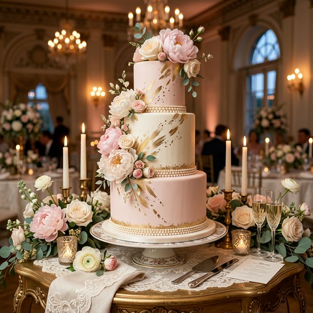 Blush pink and ivory wedding cake with peonies and gold brushstrokes