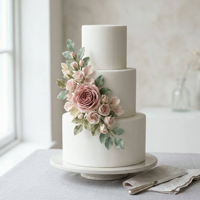 Modern minimalist white wedding cake with dusty rose flowers
