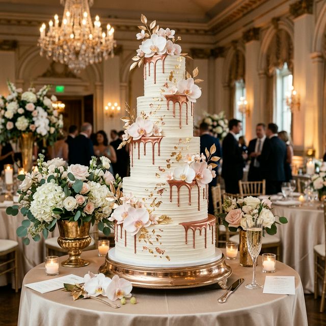 5-tier rose gold drip wedding cake with orchids at grand venue