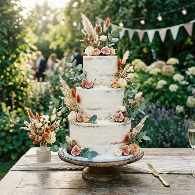 Rustic bohemian semi-naked wedding cake with figs and eucalyptus