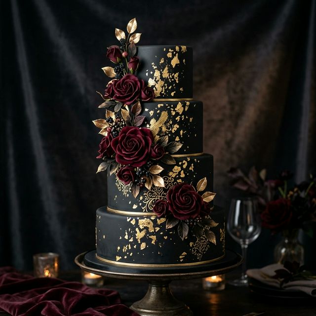 Dramatic black and gold wedding cake with burgundy roses