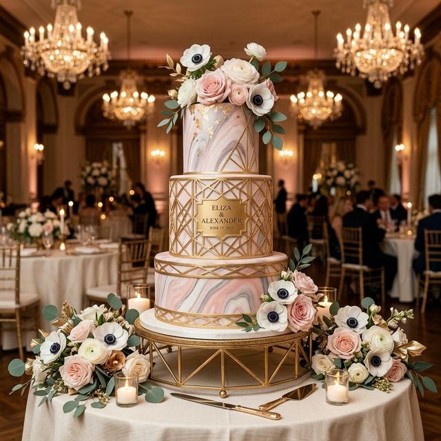 Marble effect blush and grey wedding cake with gold geometric accents