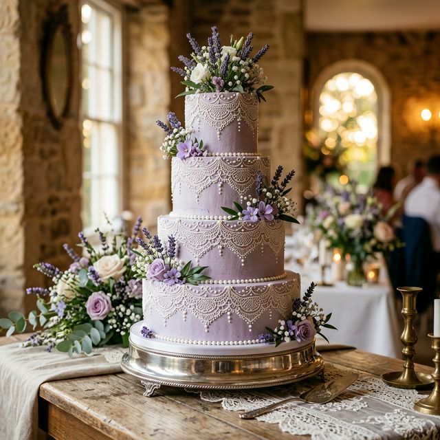 Vintage lavender wedding cake with piped lace details and pearls