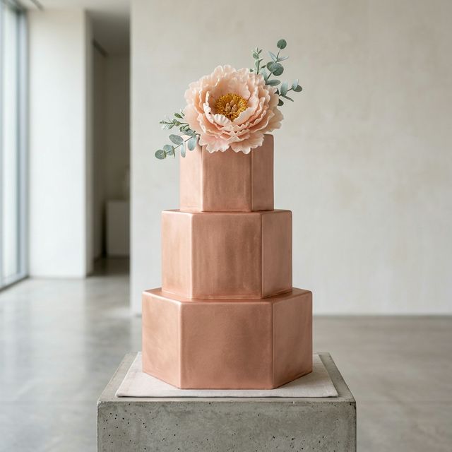 Contemporary hexagonal rose gold metallic wedding cake