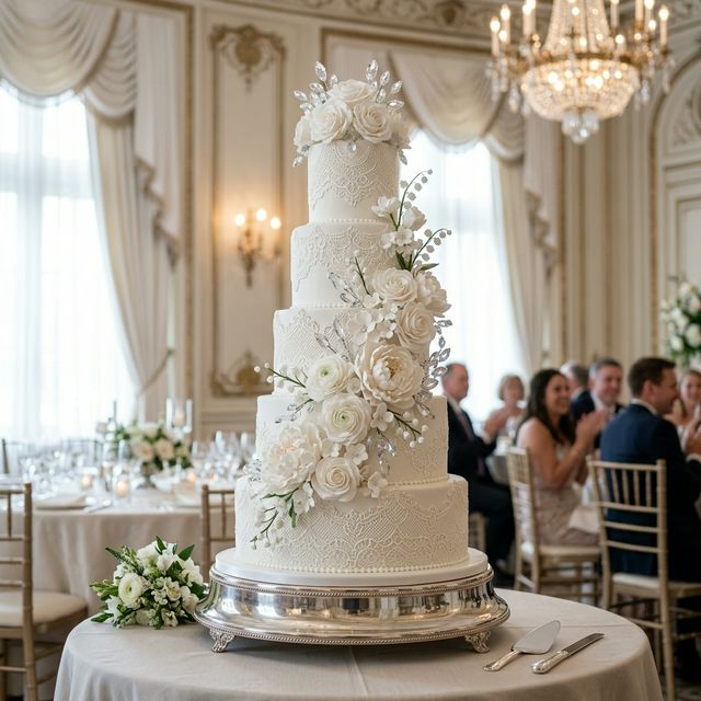 All-white 5-tier royal icing lacework wedding cake