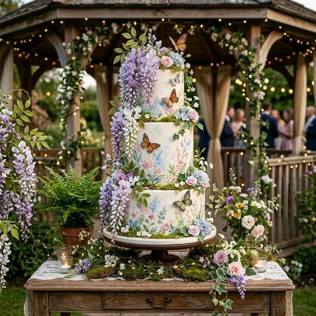 Enchanted garden wedding cake with wisteria and butterflies