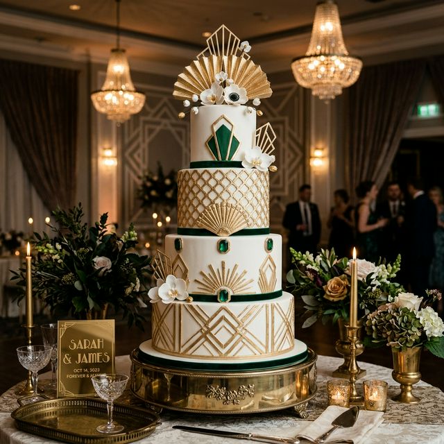 Art deco gold and emerald wedding cake with geometric patterns